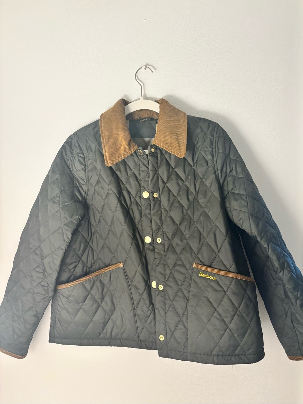 Barbour Quilted Green Jacket with Brown Corduroy Collar